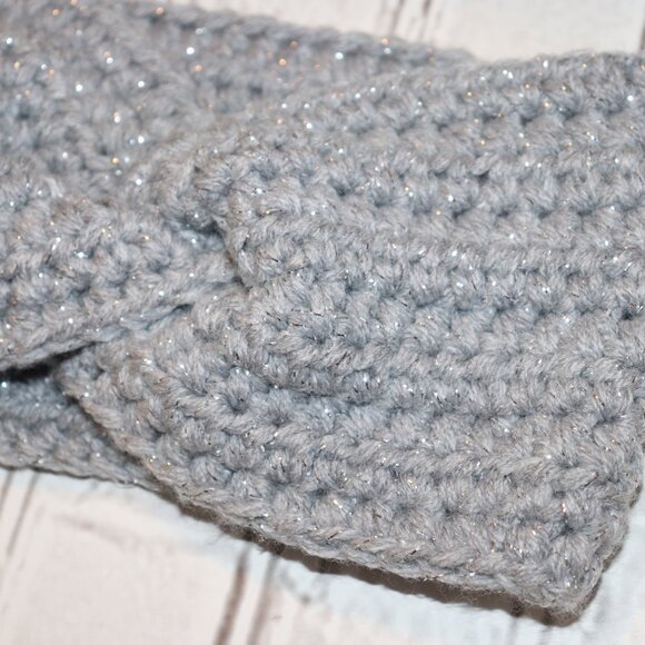 ✨🌫️ Chunky Gray & Silver Glitter Crochet Headband – Handmade · One Size - Picture 2 of 4